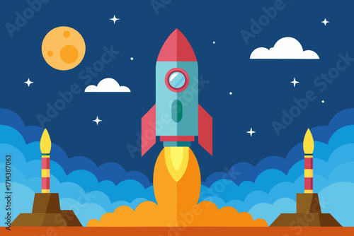 Cartoon rocket launch pad scene vector illustration