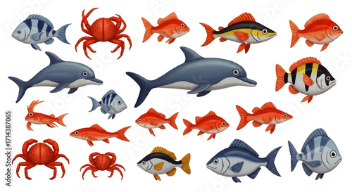 Colorful collection of cartoon sea animals featuring dolphins, crabs, and various fish species. A diverse set of marine life illustrations