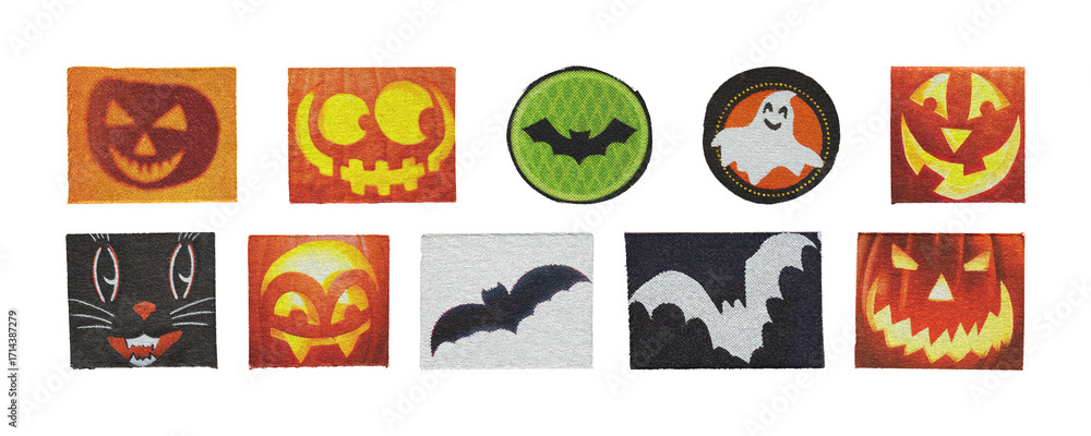 Fototapeta premium halloween magazine cutout clipart set with pumpkins bats and ghosts, png on transparent background for seasonal decor