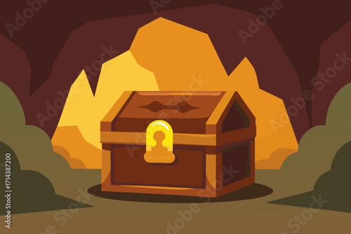 Cartoon treasure chest in a cave vector illustration