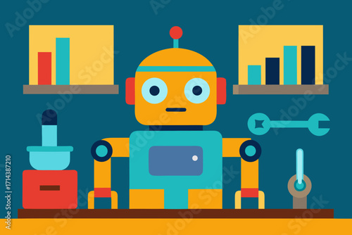 Cartoon robot repair shop vector illustration