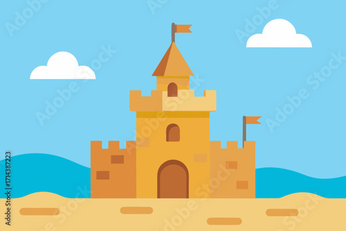 Cartoon sandcastle building area vector illustration