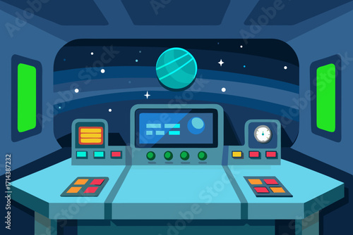 Cartoon space station control room vector illustration