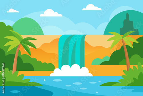 Cartoon tropical waterfall lagoon vector illustration