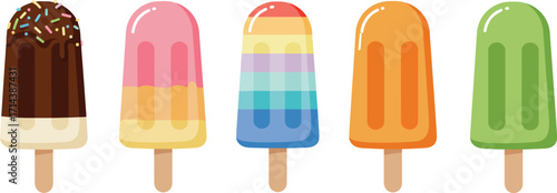 Flat Style Collection of Colorful Delicious Summer Ice Cream Popsicle