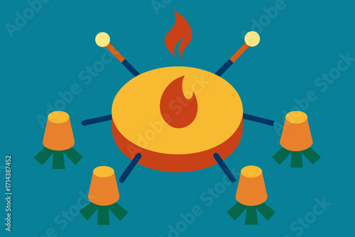Cartoon drum circle with a fire pit vector illustration