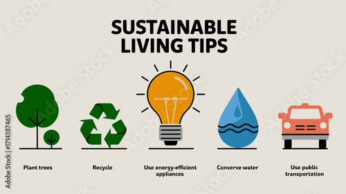 Infographic with 5 sustainable living tips and flat vector eco icons