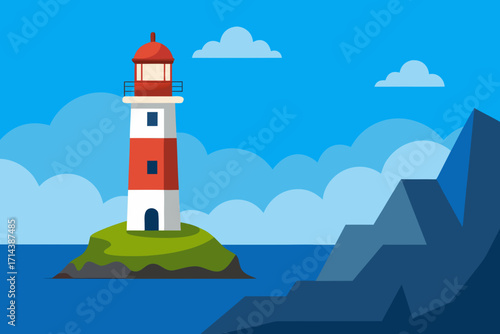 Cartoon lighthouse by a rocky coast vector illustration