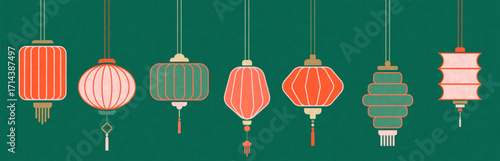 Greeting card for Mid Autumn Festival. Traditional Chinese lanterns in different shapes. Chinese New Year cover background vector. 