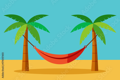 Cartoon hammock tied between palms vector illustration