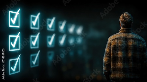 Man in a plaid jacket observing multiple glowing blue checkmark boxes on a dark screen