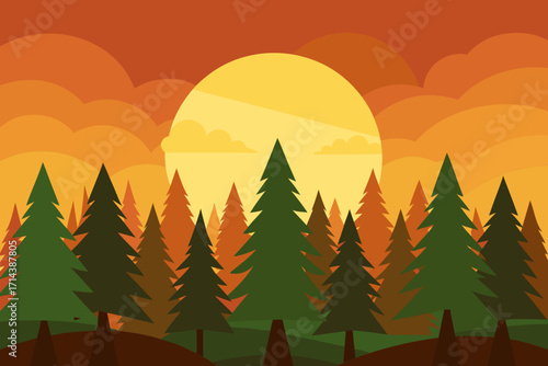 Cartoon pine forest sunrise vector illustration