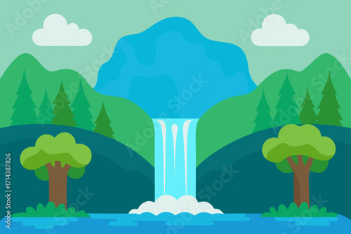 Cartoon waterfall hidden in a forest vector illustration