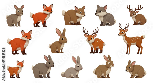 Collection of Adorable Woodland Creatures Foxes, Deer, Rabbits and More in a Cartoon Style