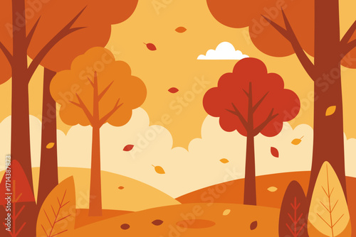 Cartoon autumn forest with falling leaves vector illustration