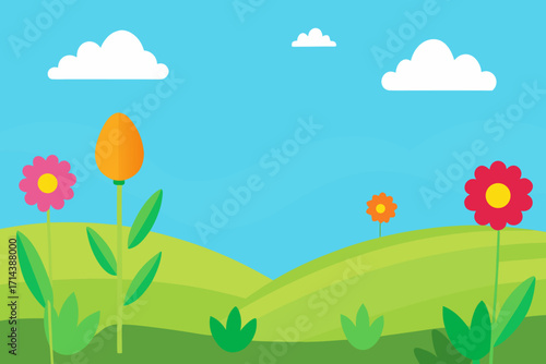 Cartoon wildflower field under a blue sky vector illustration