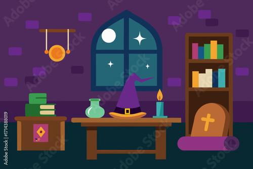 Cartoon wizard's study room vector illustration