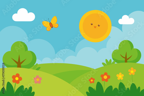 Cartoon sunny meadow with butterflies vector illustration