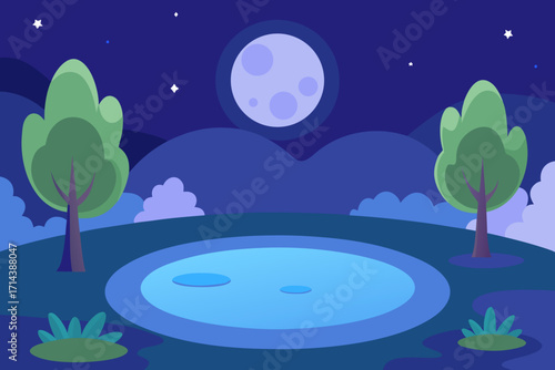Cartoon magical moonlit pond vector illustration