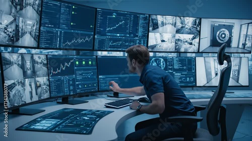 Security Operator Monitoring Surveillance System - A male security operator sits at a workstation, actively monitoring multiple screens displaying live security camera feeds and data analytics.