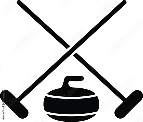 Curling sport icon with crossed brooms and curling stone symbol, black silhouette illustration, winter Olympic game equipment, strategy, teamwork, competition, precision, ice sport