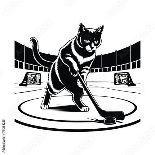 Playful cat silhouette playing hockey on an ice rink