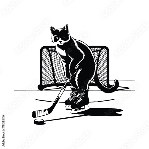 Whimsical cat playing ice hockey in a silhouette