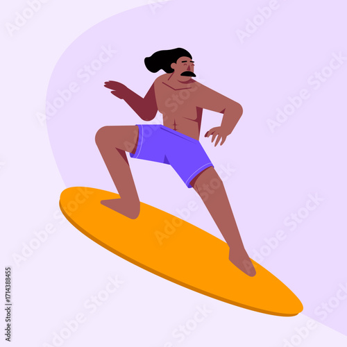 Energetic surfer rides orange board in stylish motion wearing purple shorts with tropical vibe and minimalist purple backdrop.