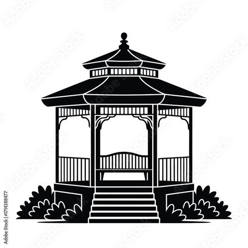 Scalable vector silhouette illustration of a classic gazebo with bench and steps silhouette vector illustration white background