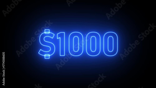 Blue Neon Dollar Sign and Number 1000 Glowing on Black Background 1000 dollars money