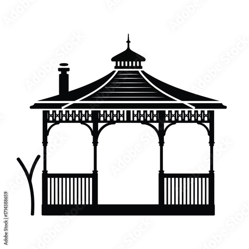 Stylized black and white vector illustration of an ornate gazebo for outdoor scenes silhouette vector illustration white background