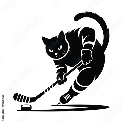 Black cat hockey player in action silhouette with puck and stick