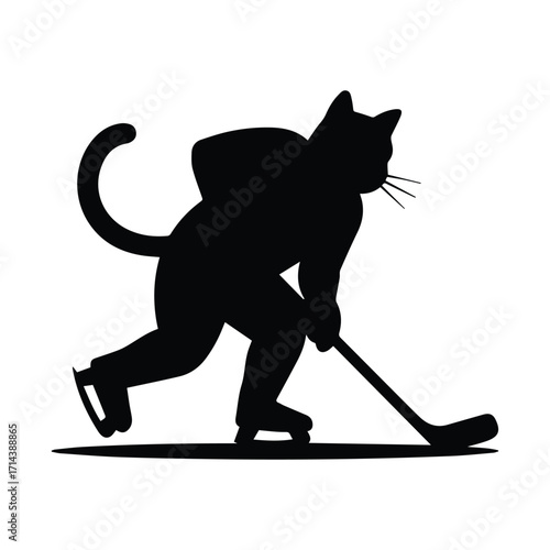 Playful cat silhouette skating on ice with hockey stick silhouette