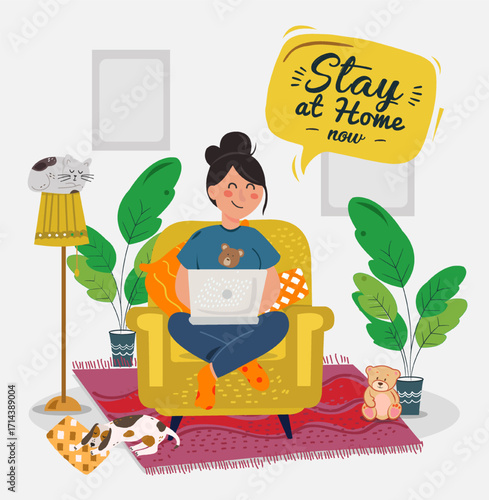 Stay home during coronavirus epidemic. Staying at home in self quarantine, protection from virus. Social Media Post Template