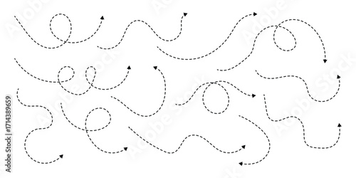 Squiggle line dashed arrow. Dash curved vector editable stroke arrow. Isolated on white background. Vector illustration