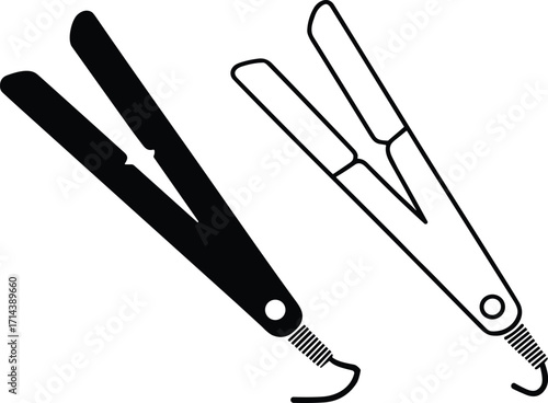 Hair straightener vector illustration in solid and outline style, isolated on white background, perfect for beauty, salon equipment, hairstyling tools, cosmetic accessory design