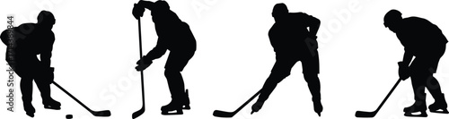Ice hockey players silhouette illustration with sticks and puck, professional sport design, competitive skating action vector, black athlete figures isolated on white background