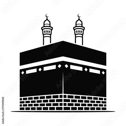 Stylized black and white illustration of the kaaba in mecca for islamic art and design silhouette vector illustration white background