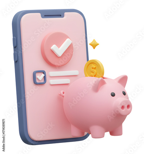 3D Piggy Bank with Mobile Payment and Coin – Online Saving Concept isolated on transparent background illustration PNG