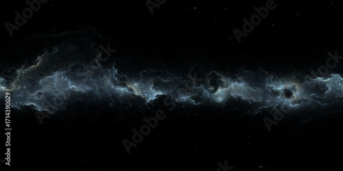 360 degree space nebula. Giant interstellar cloud with stars, equirectangular projection, environment map. Spherical panorama. 3D rendering, Fractal image