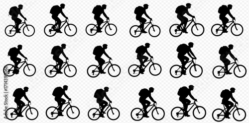 A repeating pattern of black silhouettes depicting a person riding a bicycle with a backpack on a transparent background.