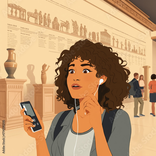 Woman with headphones and phone exploring ancient egyptian museum exhibit
