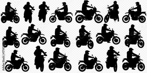 A collection of black silhouettes depicting various motorcyclists riding different types of motorcycles in diverse poses.