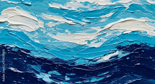 Textured ocean waves painting with blue and white paint strokes
