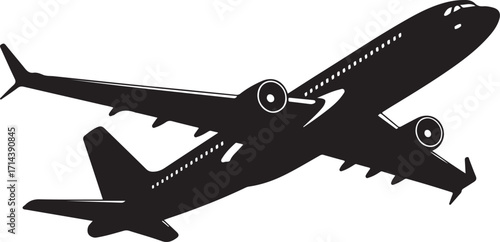 black silhouette of airplane flying on white background, vector