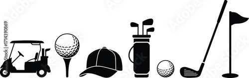Golf equipment silhouette icons collection including cart, ball, tee, cap, bag, club, and flag, professional sports accessories design for tournaments, recreation