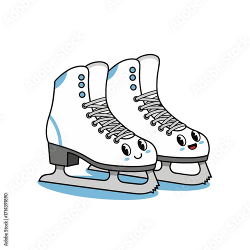 Charming pair of white ice skates designed as cute cartoon characters with happy smiling faces. Adorable kawaii style illustration for winter activities and sports