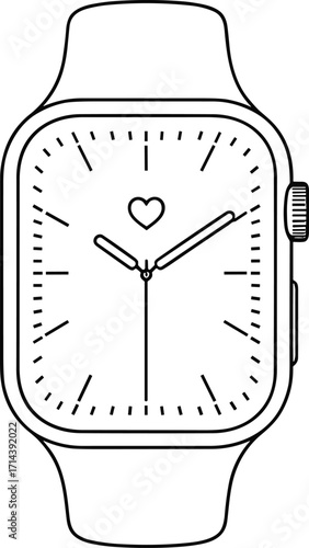 Minimalist smartwatch line art illustration with modern design, fitness inspired heart symbol, clean interface, wearable technology, health tracking concept, vector outline style