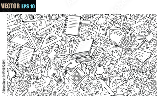 Intricate line art illustration of a chaotic pile of objects featuring a mix of textures and shapes in a black and white sketch
