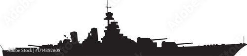 black silhouette of battleship on white background, vector